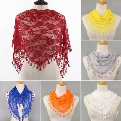 Women Lace Floral Triangle Veil Church Mantilla Scarf Solid Tassel Shawl Scarves • £2.21