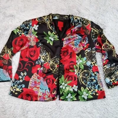 Vintage JS Collections Womens Jacket Blazer Black Plus 20 Silk Oriental Floral • $24.99