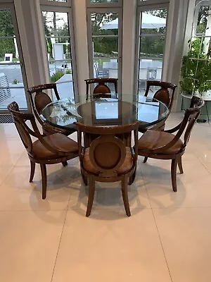$4999.99 • Buy Custom Mahogany Dining Table With 56” Round Glass Top & Fluted Base & 6 Chairs