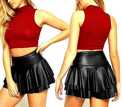 £11.98 • Buy Black Wet Look Layered Frill Pu Rara Stretch Party Skirt Skorts Mini Pvc Shorts.
