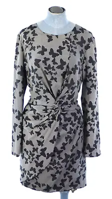 Oasis Dress Butterfly Print Black Front Twist Knot Mini Long Sleeve UK 16 14 • £7.99