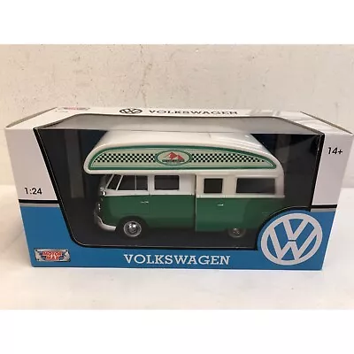 Volkswagen Type 2 Camper Van Green/White Outdoor Camping 1/24 Diecast Motormax • $29