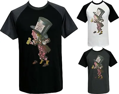 Alice In Wonderland Mens Raglan T-Shirt Mad Hatter Lewis Carroll Victorian • £21.95