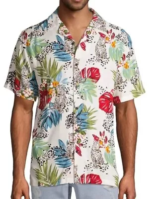 No Boundaries Hawaiian Shirt Men Sz XL Leopard Tropical Floral Short Sleeve • $12.95