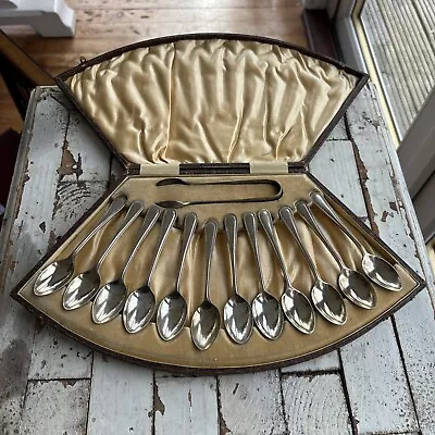 Antique Boxed Set Of Teaspoons And Sugar Tongs Silver Plate EPNS Set Of 12 • $44.19