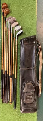 Set Of 8 Antique Hickory Wood Shaft Golf Clubs & Vintage Leather Bag • $229.99