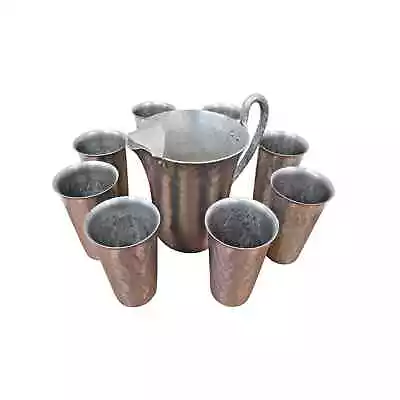 Mid Century Hand Forged Everlast Metal Hammered Aluminum Pitcher & 8 Italy Cups • $44.99