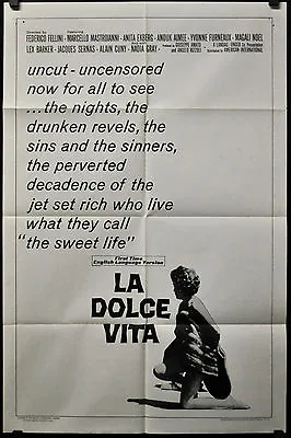 La Dolce Vita R-1966 Original 27x41 Movie Poster Marcello Mastroianni Fellini • $200