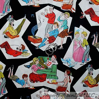 BonEful Fabric FQ Cotton Quilt Black B&W Kid Music VTG Antique Family Retro Hip • $7