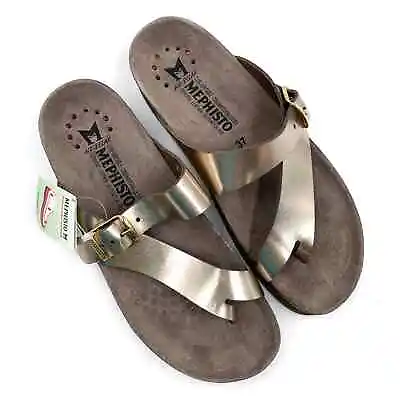 New Mephisto Helen Sandals Gold Leather Buckle Strap Thong Slip On Sz 37 / 7 • $79