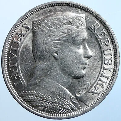 1929 LATVIA W Female Headwear 5 Lati LARGE Vintage Silver European Coin I114615 • $538.65