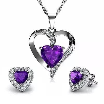 DEPHINI Purple Heart Necklace & Heart Earrings Purple Jewellery SET • £68