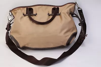Vintage Lancel Beige Nylon Drawstring Brown Handle Shoulder Crossbody Bag • £82.99