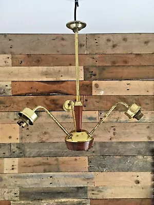 Mid Century 60s 70s Teak & Brass 3 Arm Ceiling Light Danish Scandi Style Sputnik • £165