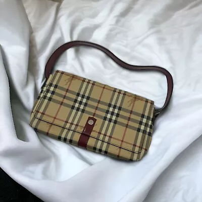 Vintage 90s Burberry Nova Check Mini Leather Shoulder Bag Classic Purse Baguette • $375