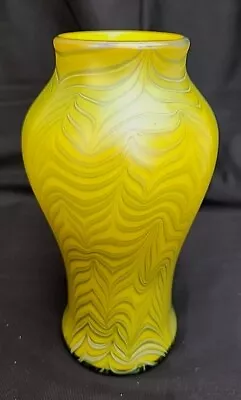 Vandermark Yellow Pulled Feather Iridescent Signed Vase #0452c  8.50in Vintage • $380