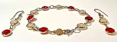 Signed AUSTRIAN CRYSTAL Vintage BEZEL GLASS Bracelet & Pierced Earrings Set/Demi • $19.95