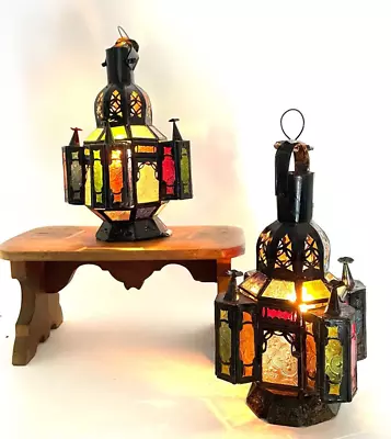 Pair Vintage French Moorish Moroccan Lanterns Coloured Glass Windows Fretwork • $155