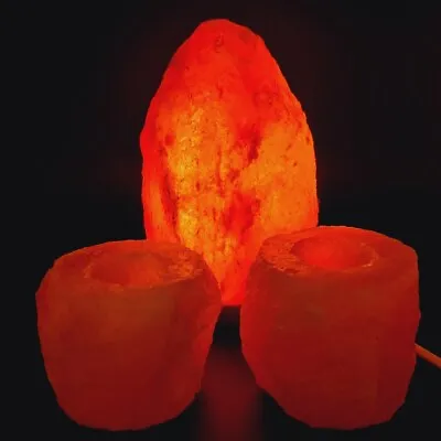 Hand-Carved Himalayan Salt Lamp Set With Two Tea Light Holders - Natural Salt • £24.35