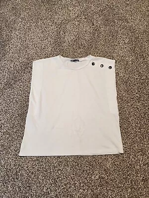 Zara White Sleeveless T Shirt Tank Women’s Size Medium Buttons Shoulder • $15