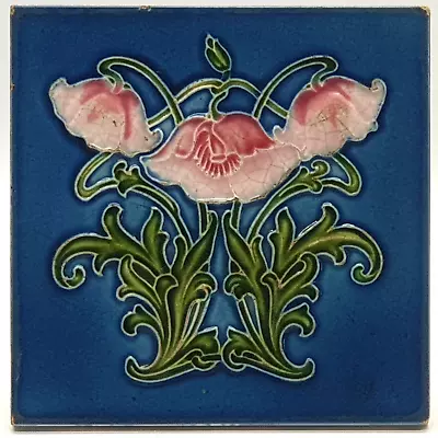 Antique Fireplace Tile Blue Poppy Moulded Majolica Maw & Co C1920 • $155.42