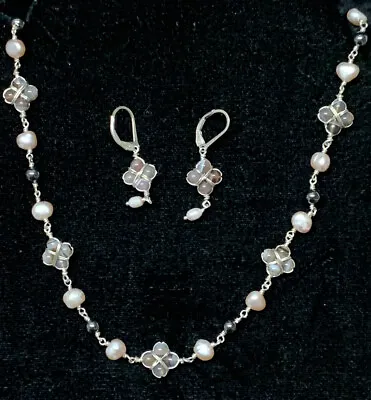 Vintage Sterling Silver 925 Brown Agate Beaded Dangle Earrings 18” Necklace Set • $49.99