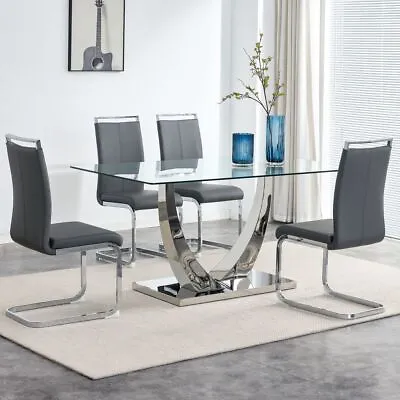 63  Dining Set Of 5 PC 1 Tempered Glass Dining Table W Silver Base+4 Gray Chair • $299