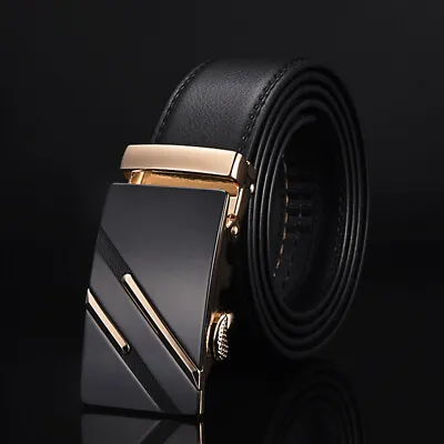 Fashion Mens Genuine Leather Ratchet Belt Automatic Buckle Waistband Waist Strap • £8.59