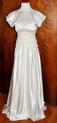 Vintage Ivory Satin Drop Waist Sequin & Rhinestone Bridal Gown Or 2nd Wedding • $159