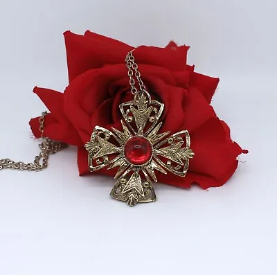 Vintage Gold Tone Red Cabochon Maltese Cross 24   Necklace CAT RESCUE • $14.99