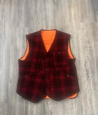 Vtg Woolrich 628 Men Large Wool Vest Red Black Buffalo Plaid Reversible Orange*B • $37.99