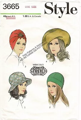 4 HATS Turban Bucket Cap Large Beret Style 3665 Vtg 1972 Sewing Pattern • $7.50