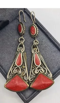 Silver & Red Ethnic Dangle Drop Earrings Brass Back Middle Ethnic Middle Eastern • $12.60