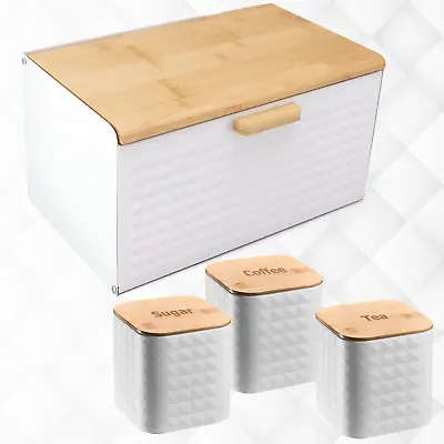 Set Of 4 White Tea Coffee Sugar Canisters And Bread Bin Storage Container Set • £29.99