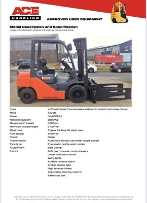 Toyota 2.5t Container Spec With Bale Clamp Hire-£72.50pw Buy-£12995 HP-£64.90pw • £12995