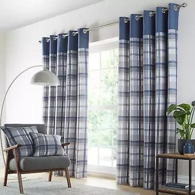 £19.99 • Buy Curtains Blue Grey Eyelet Ring Top Lined Curtains Tartan Check Ready Made