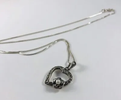 Vintage Sterling Marcasite Pearl Heart Pendant Necklace Marked • $20