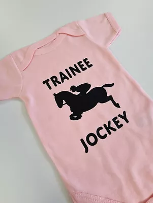 Funny Baby Grow-Printed-Trainee Jockey-Horse Race-Baby Grow-Bodysuit-Baby Shower • £8.49