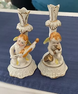 $9.99 • Buy Occupied Japan Vintage 4” Bud Vase Cherub Angel Playing Violin, Saxophone 2