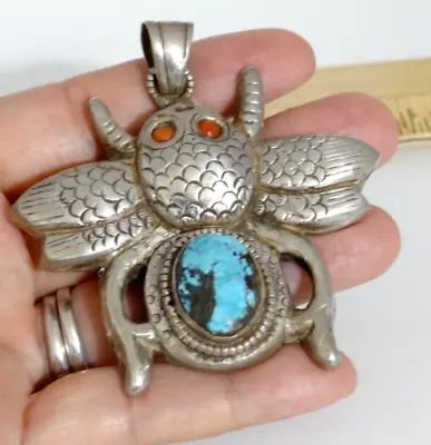 Vintage Tibetan Silver Bee Pendant Turquoise & Coral Eye Oversize Handcrafted • $50