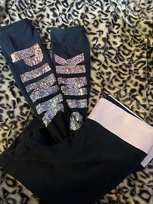 Victoria Secret PINK Leggings  White Gold Sequin Bling Logo Pants Size Large • $50