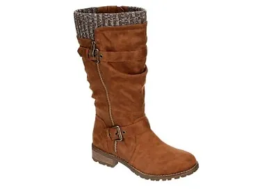 Xappeal Chelsey Tall Boots Brown Faux Leather Knit Fabric Trim Zip Sides • $49