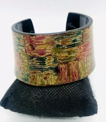 Wide Colorful Enamel Lacquered Cuff Bracelet Vietnam Small Wrist Vintage Jewelry • $33.50