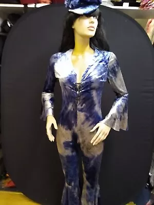 Blue Tie-dye Velvet 70s Style Catsuit Costume • £70