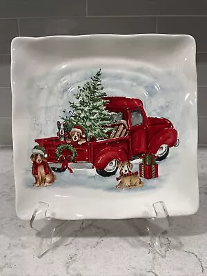 Maxcera Red Vintage Truck W/ Dogs & Christmas Tree 11” Square Dinner Plate NEW • $16.99