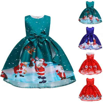 $25.49 • Buy Girls Sleeveless Dress Christmas Print Bow Knot Zip Kids Dresses Formal Party 