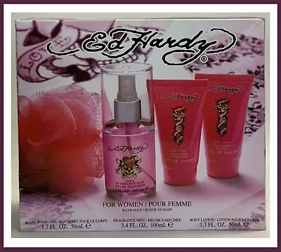 Ed Hardy Love Kills Slowly Gift Set W/Perfume/Lotion/Body Wash/Pouf - NIB  (A76) • $24.99