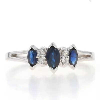 White Gold Sapphire Diamond Three-Stone Ring - 10k Marquise 0.52ctw • $119.99