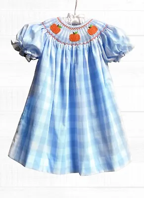 Smocked A Lot Girls Pumpkin Bishop Dress Thanksgiving Blue Check Orange Patch • $39