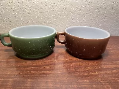 Vintage Anchor Hocking Speckled D-Handle Stackable Soup Bowls 303 Set Of 2 • $65